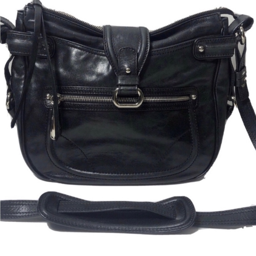 Francesco Biasia black and silver leather crossbody bag.